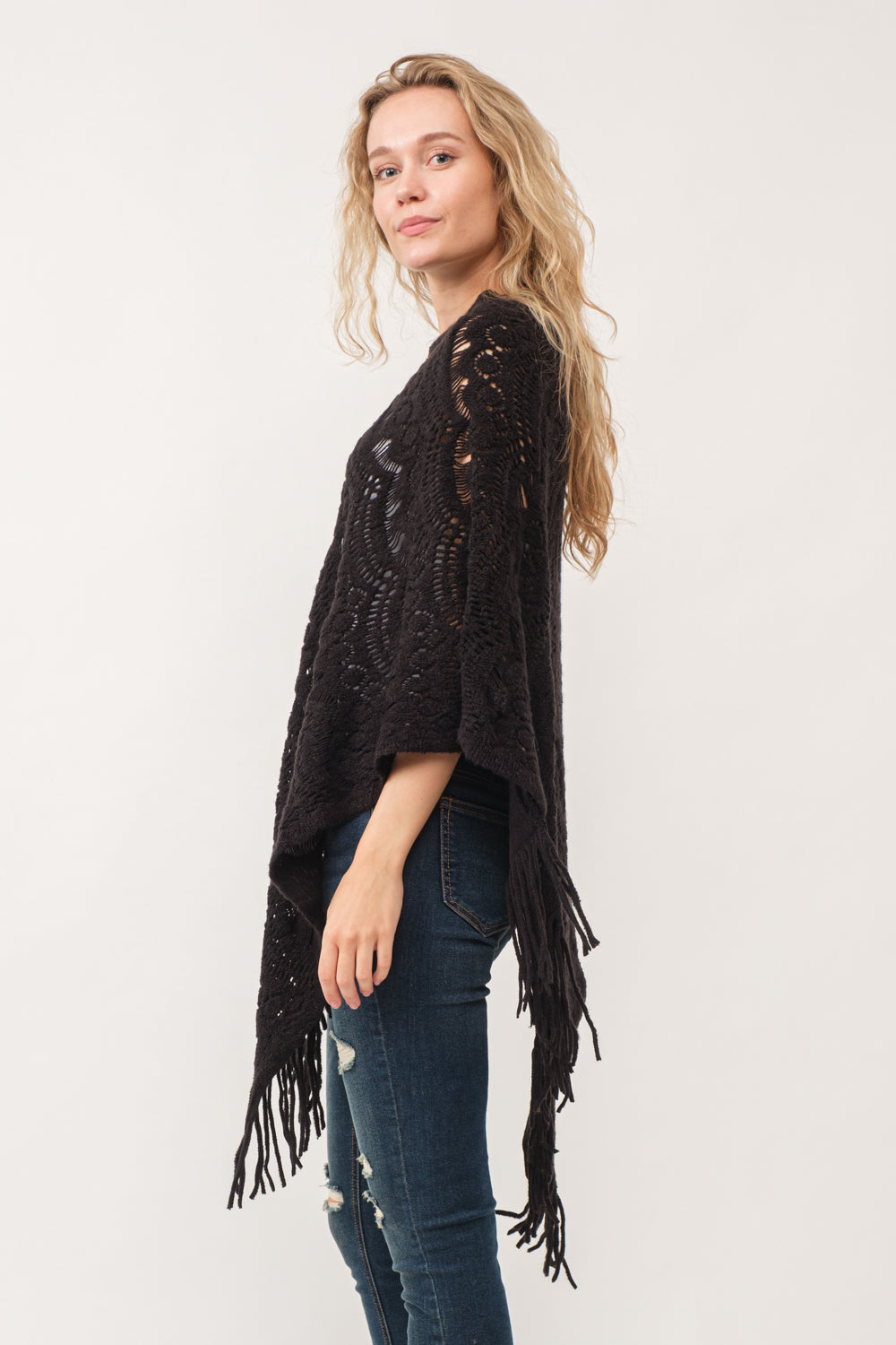 RAJ DREW CUT KNIT PONCHO CAPE BLACK– Raj Imports