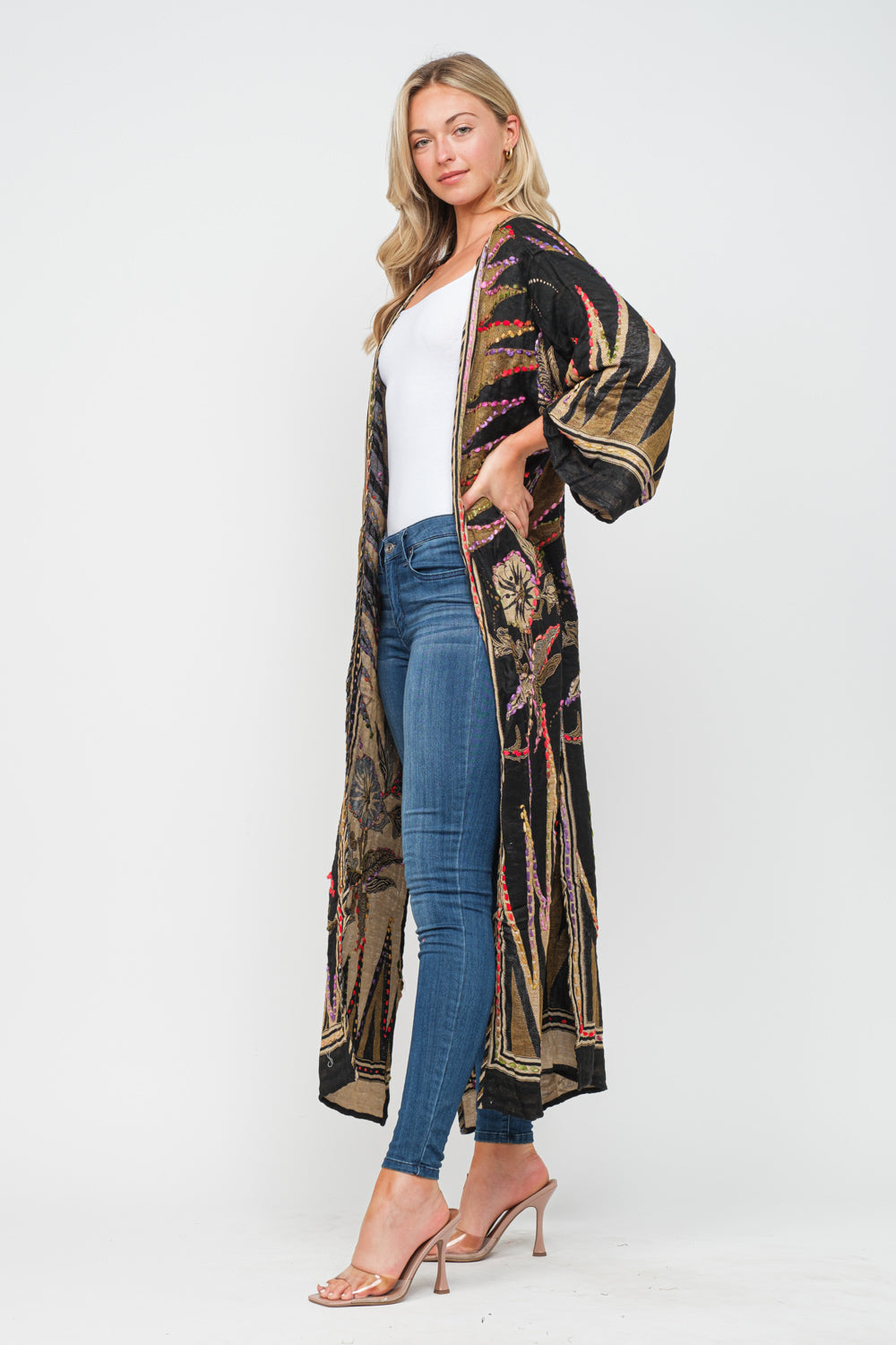 RAJ MEGHAN BLACK GOLD THICK STITCH EMBROIDERED DUSTER– Raj Imports