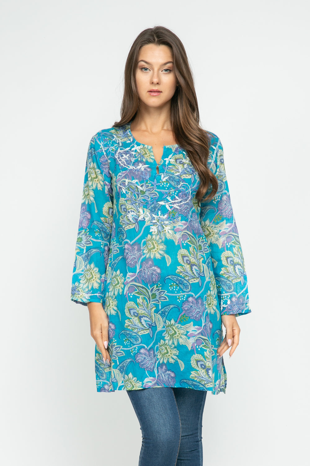 RAJ CARLYLE TURQUOISE/MULTI PRINTED EMBROIDERED TUNIC Large RAJ CARLYLE TURQUOISE/MULTI PRINTED EMBROIDERED TUNIC Large