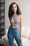Flower Embroidery High Neck Bralette Small / Gray