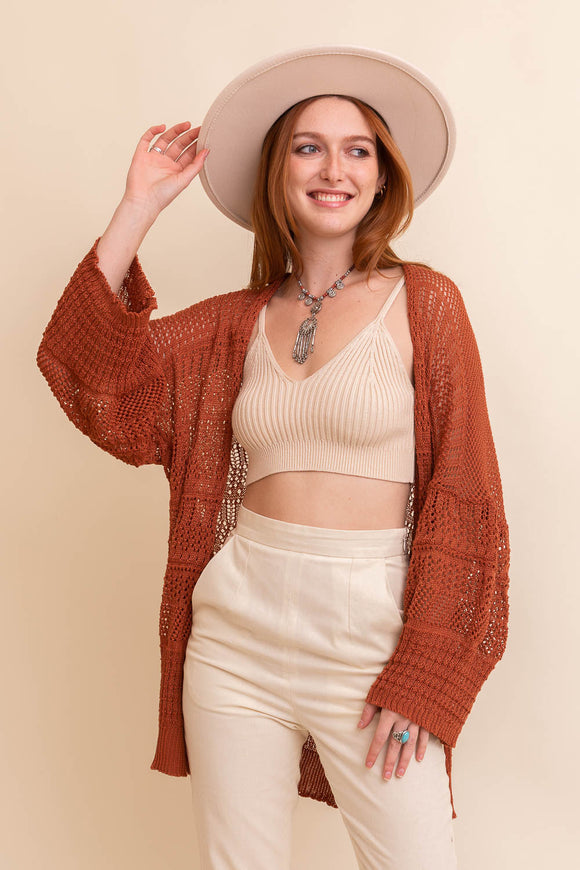 Knit Netted Cardigan Ponchos Rust